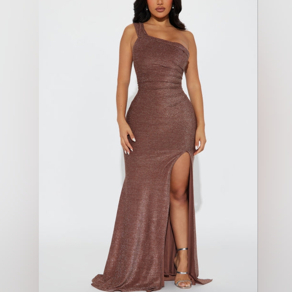 Fashion Nova Stella One Shoulder Lurex Maxi Dress Bronze (Small)